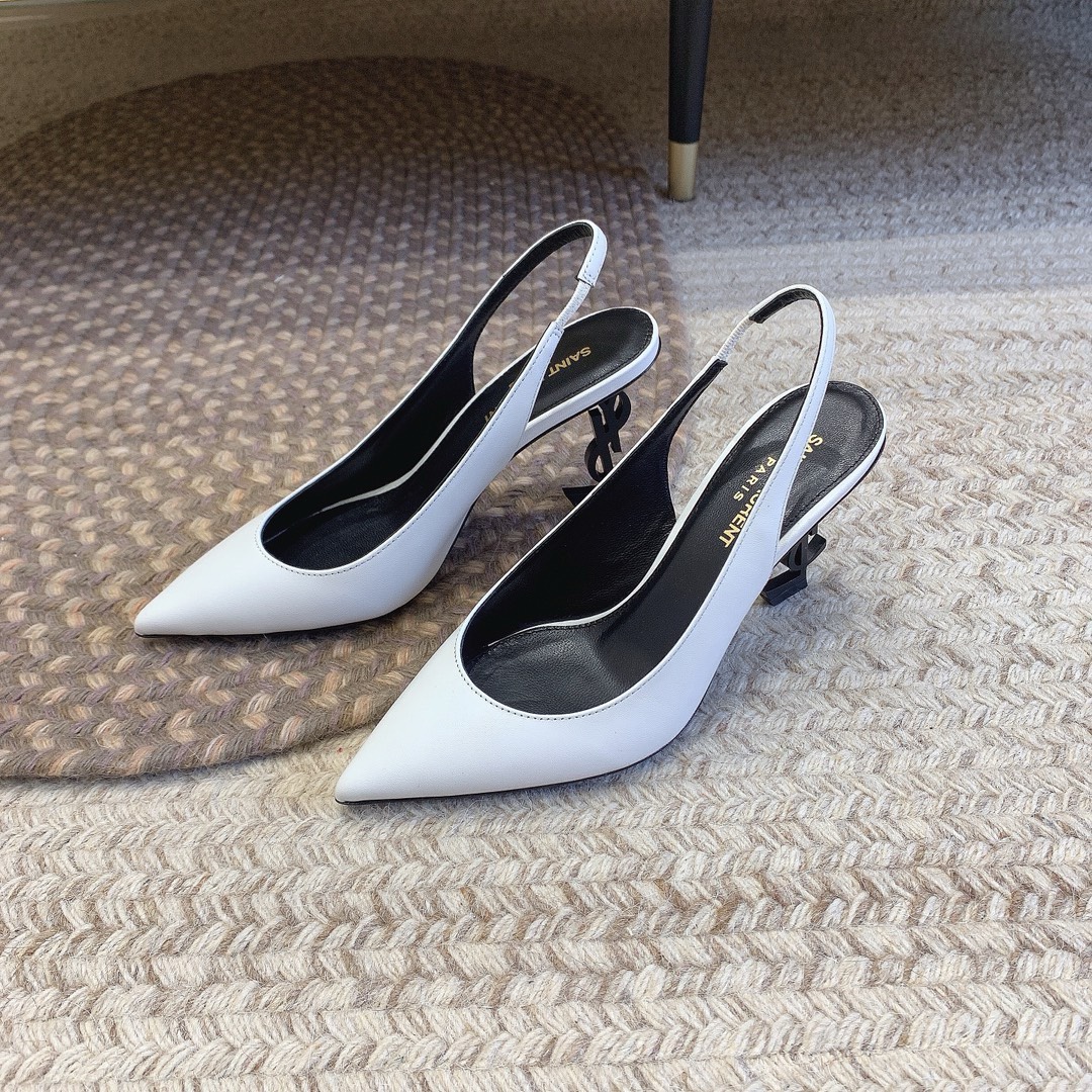 Bagsaaa Y51 Opyum Slingback Pumps All White Smooth Leather Black Heel