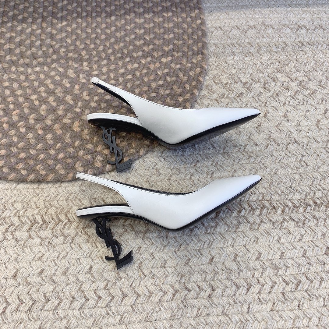 Bagsaaa Y51 Opyum Slingback Pumps All White Smooth Leather Black Heel