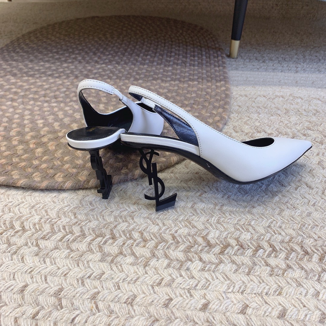 Bagsaaa Y51 Opyum Slingback Pumps All White Smooth Leather Black Heel