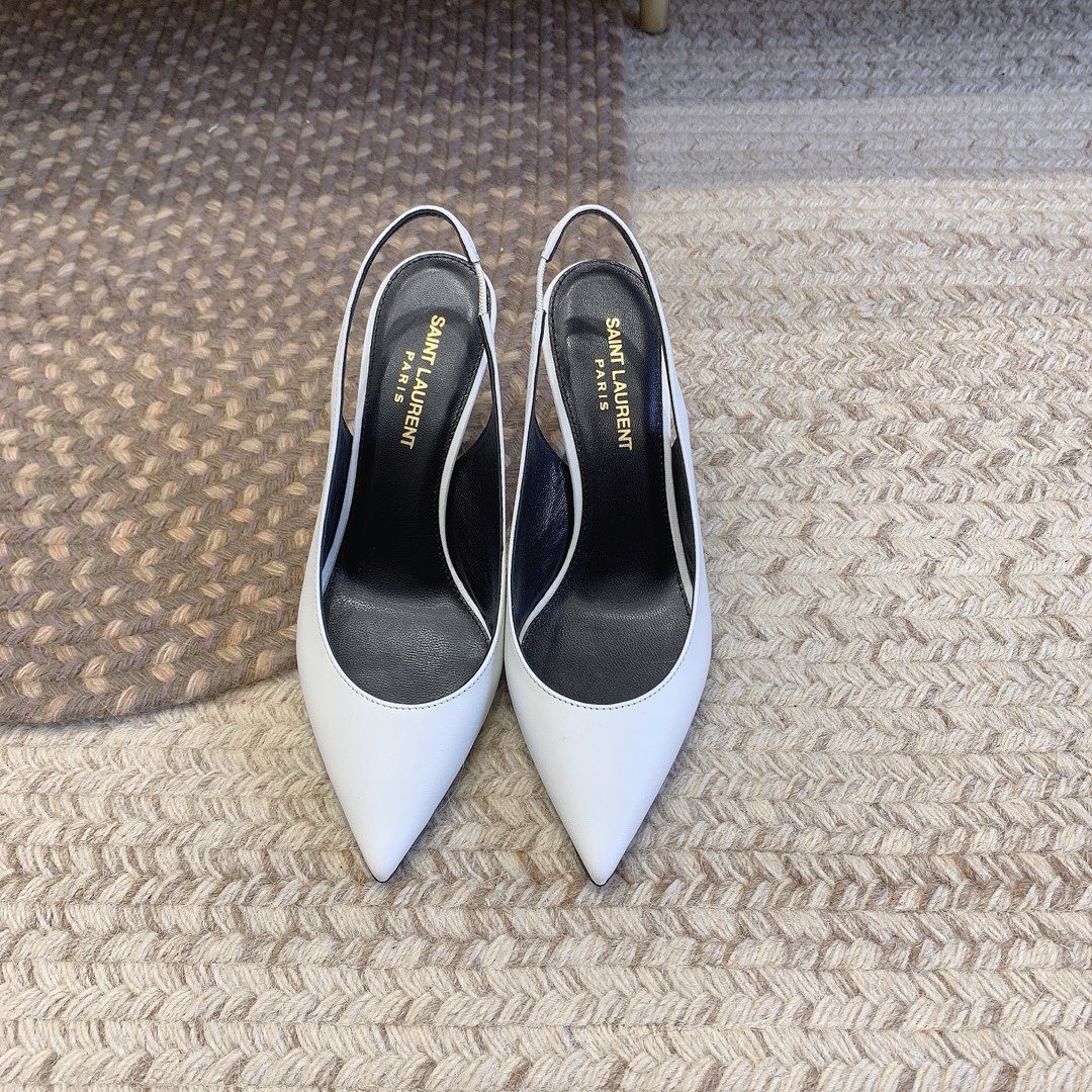 Bagsaaa Y51 Opyum Slingback Pumps All White Smooth Leather Black Heel