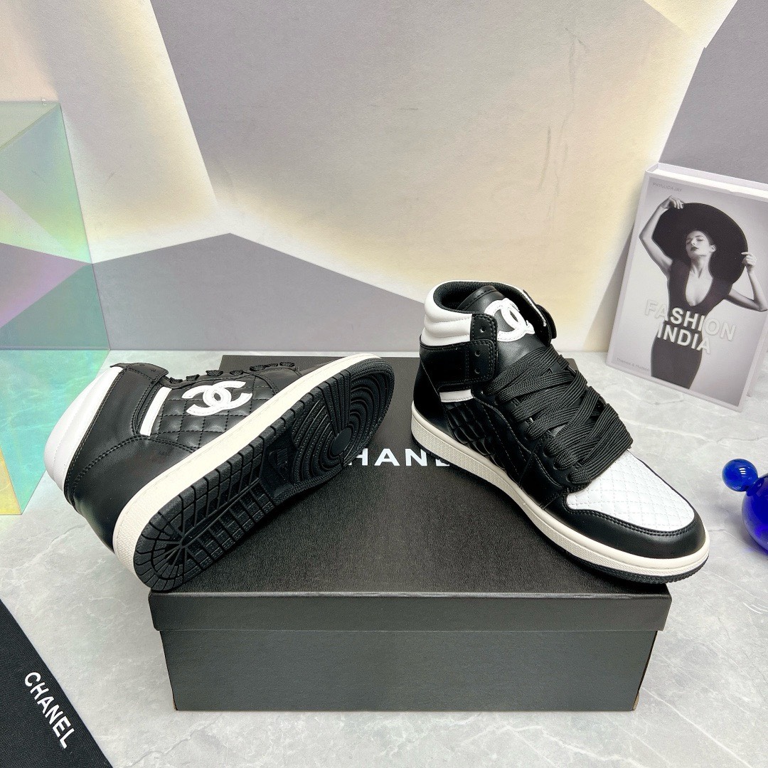 Bagsaaa Ch**el High Top Sneakers Lambskin Leather Black