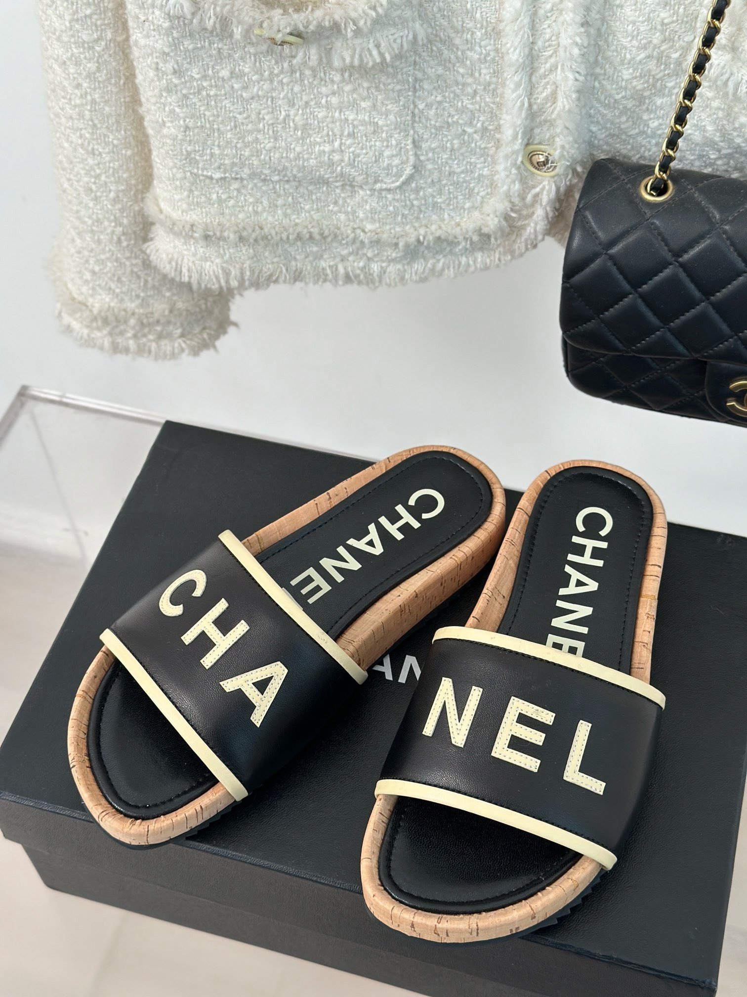 Bagsaaa Ch**el Flat Slides Black