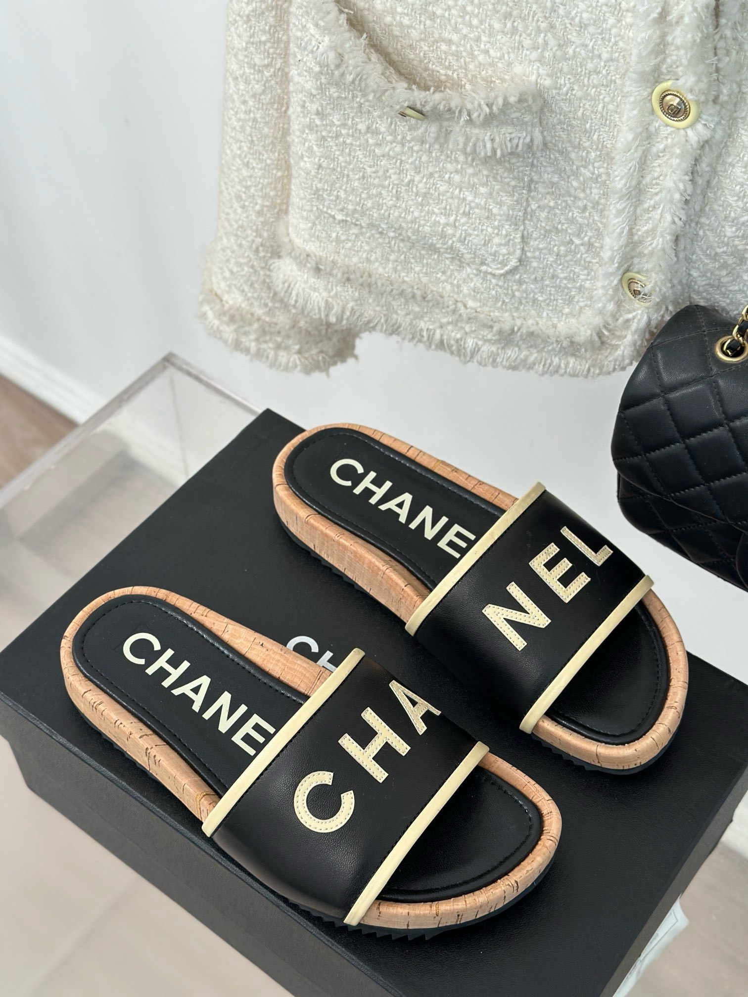 Bagsaaa Ch**el Flat Slides Black