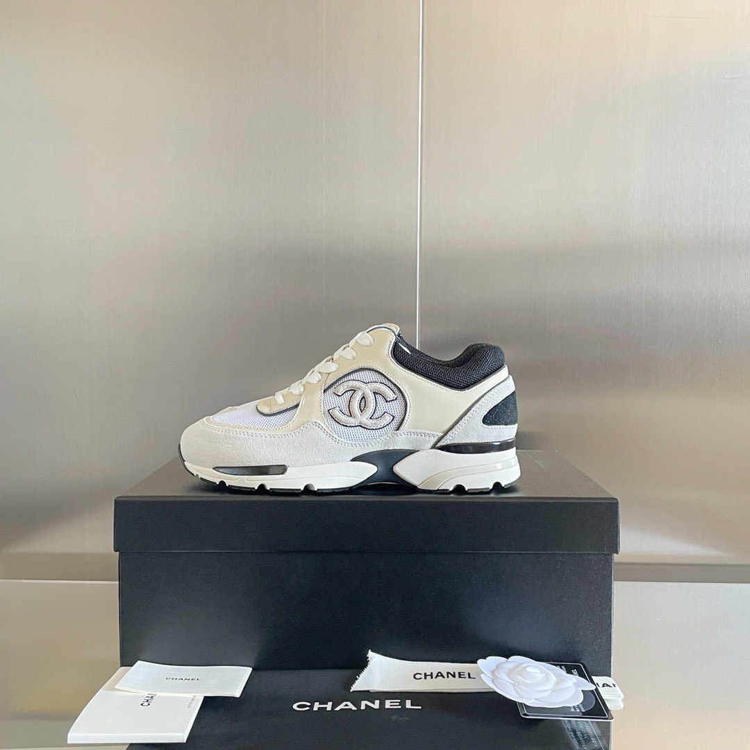 Bagsaa Ch**el Off White Mesh Suede Grained Calfskin CC Sneaker