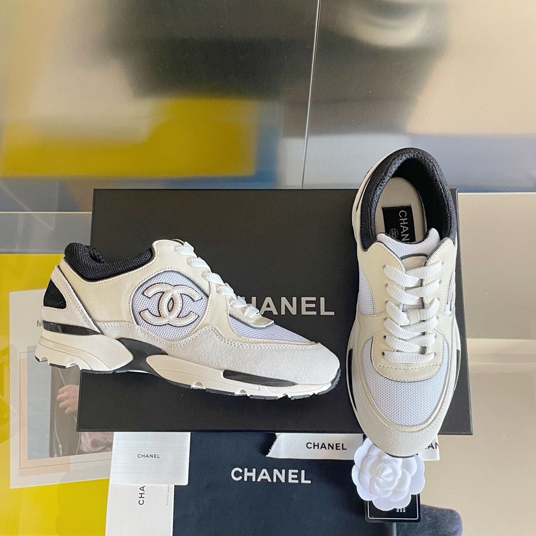 Bagsaa Ch**el Off White Mesh Suede Grained Calfskin CC Sneaker
