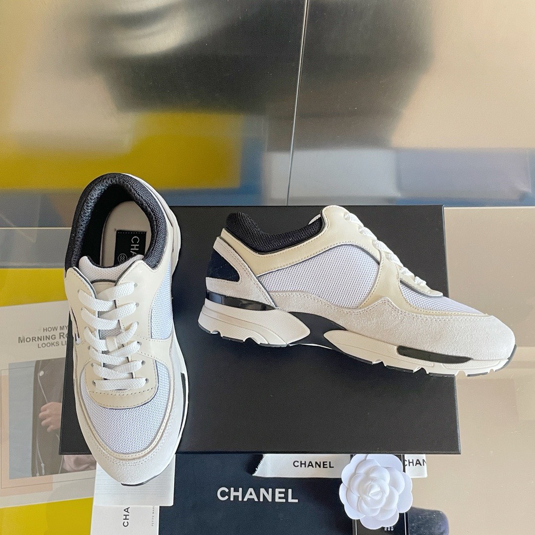 Bagsaa Ch**el Off White Mesh Suede Grained Calfskin CC Sneaker