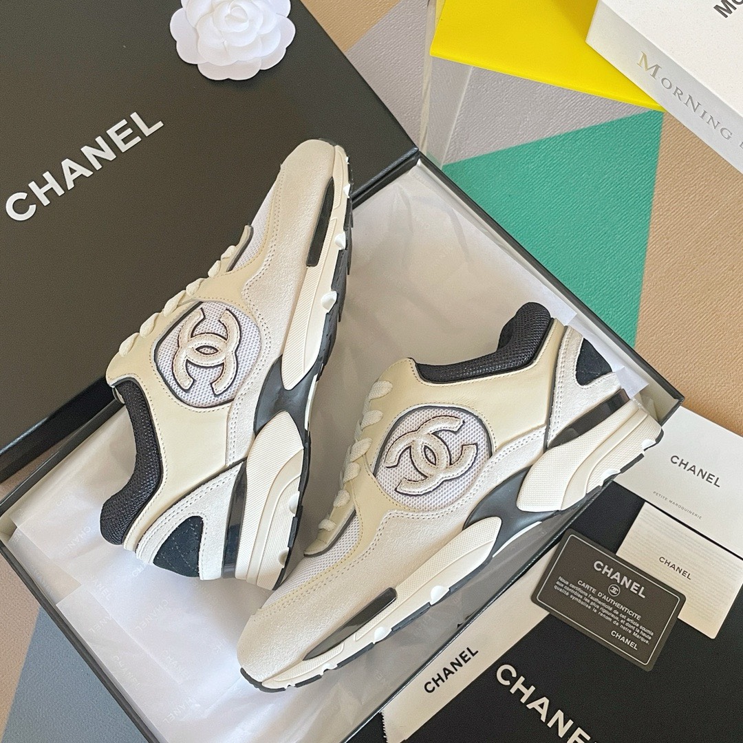 Bagsaa Ch**el Off White Mesh Suede Grained Calfskin CC Sneaker