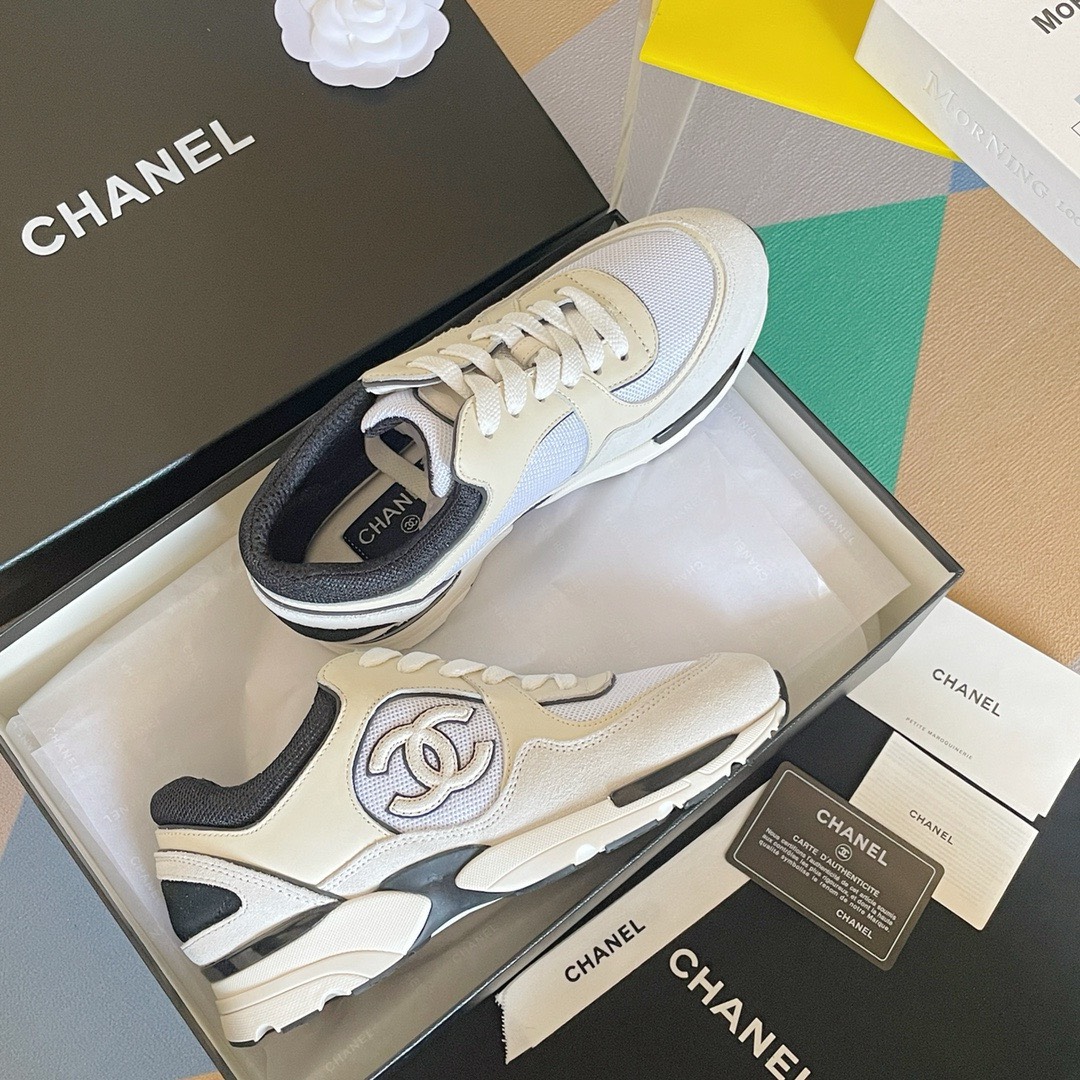 Bagsaa Ch**el Off White Mesh Suede Grained Calfskin CC Sneaker