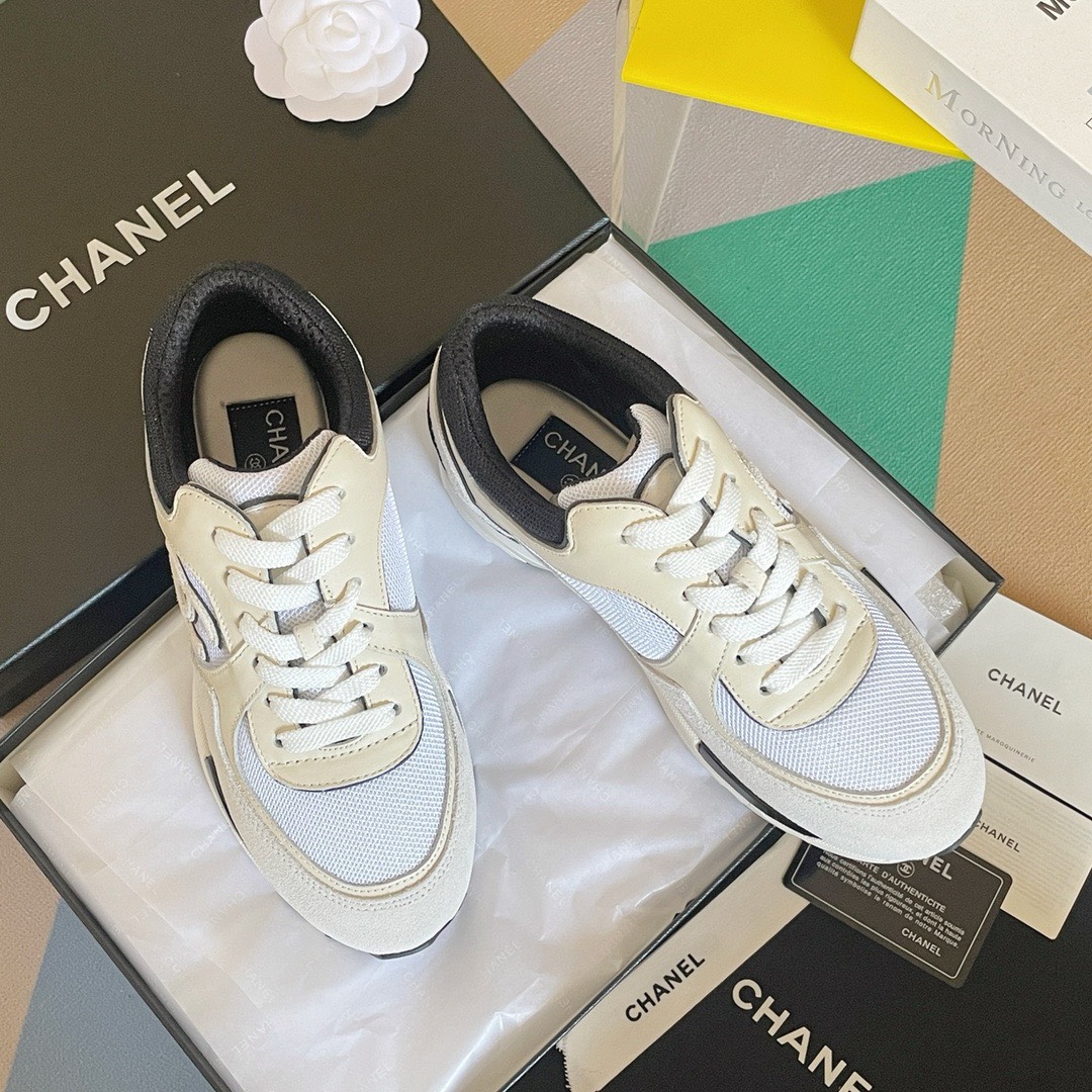 Bagsaa Ch**el Off White Mesh Suede Grained Calfskin CC Sneaker