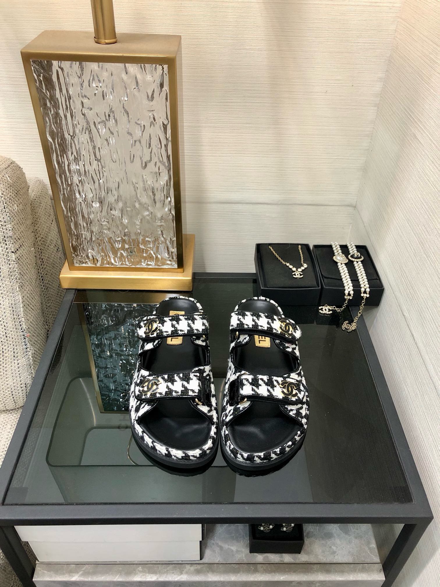 Bagsaaa Ch**el Dad Sandals In Black Tweed