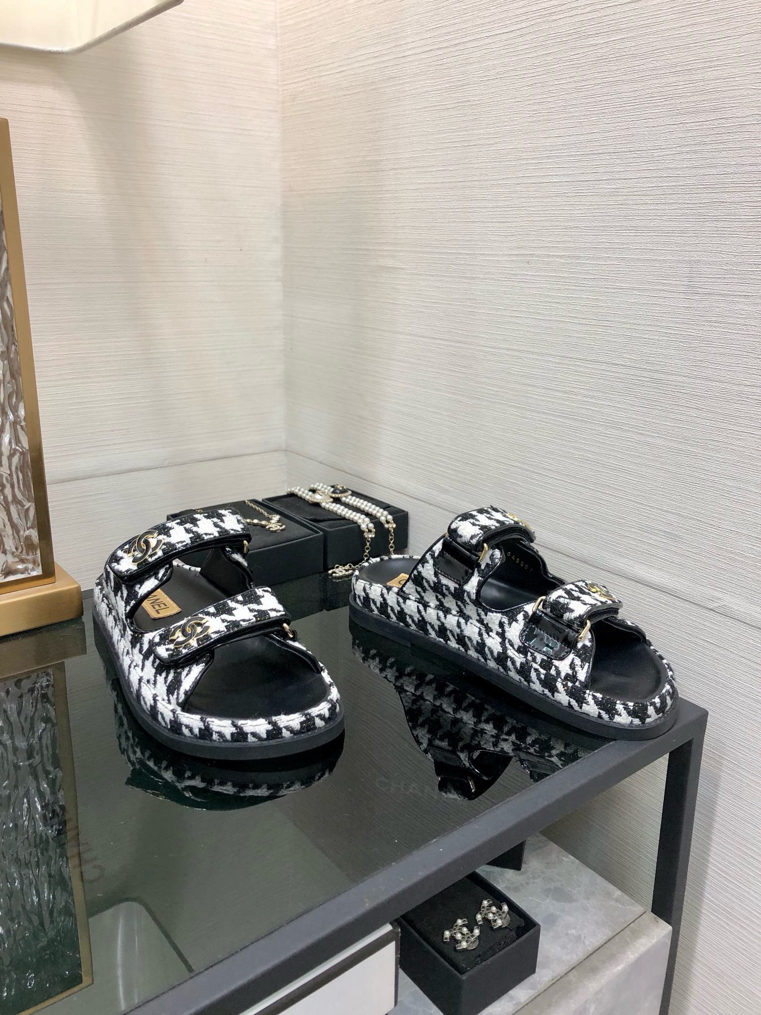 Bagsaaa Ch**el Dad Sandals In Black Tweed
