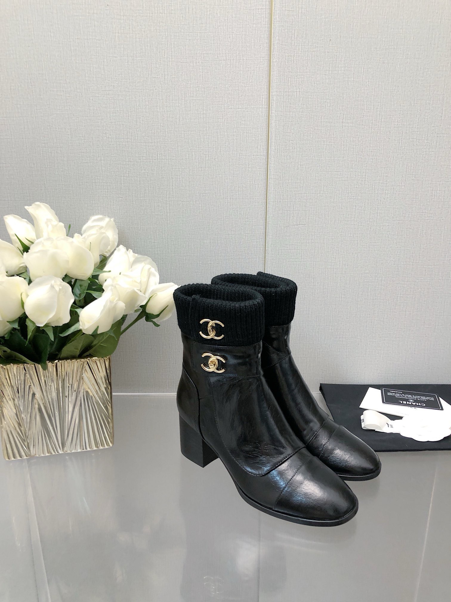 Bagsaaa Ch**el CC Logo Black Ankle Short Boots