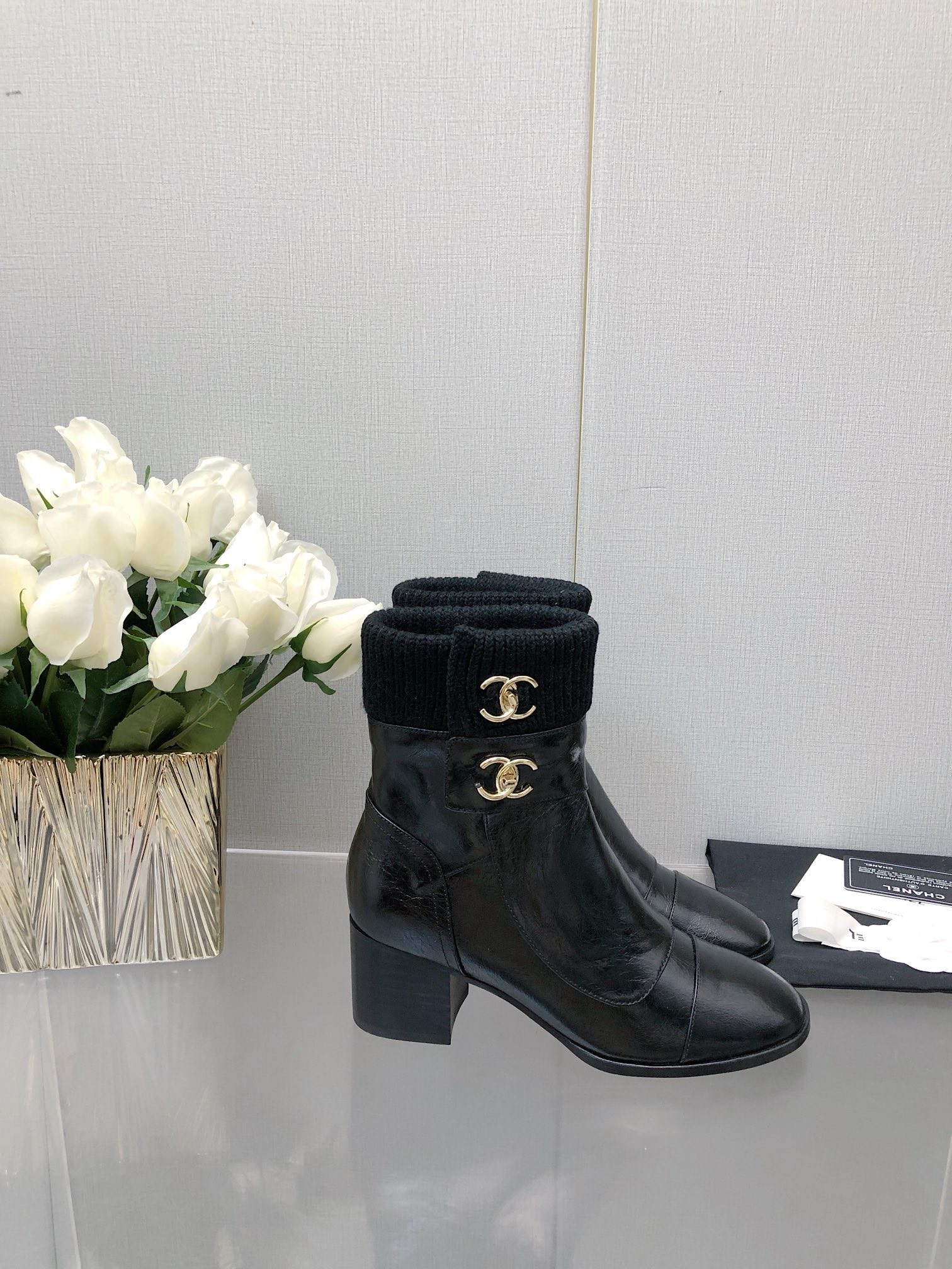 Bagsaaa Ch**el CC Logo Black Ankle Short Boots