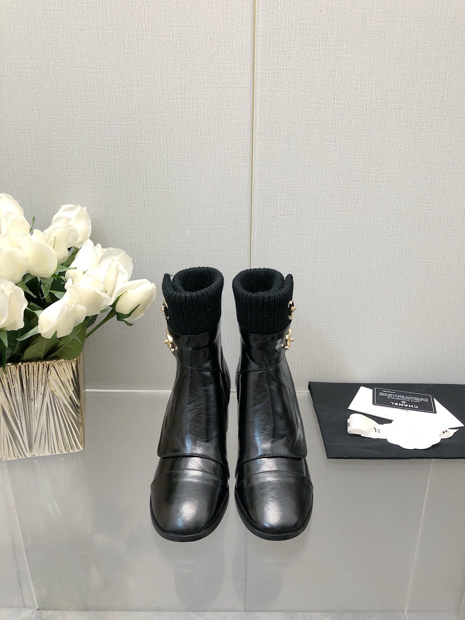 Bagsaaa Ch**el CC Logo Black Ankle Short Boots