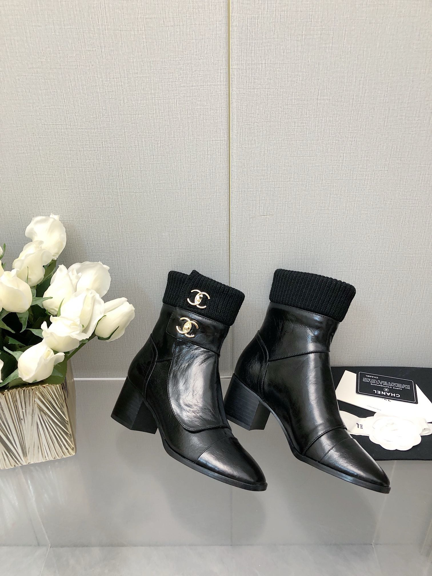 Bagsaaa Ch**el CC Logo Black Ankle Short Boots