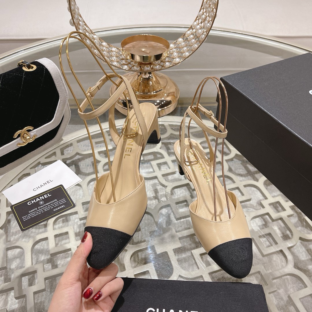 Bagsaaa Ch**el Slingback Heeled Sandals Pointed Beige