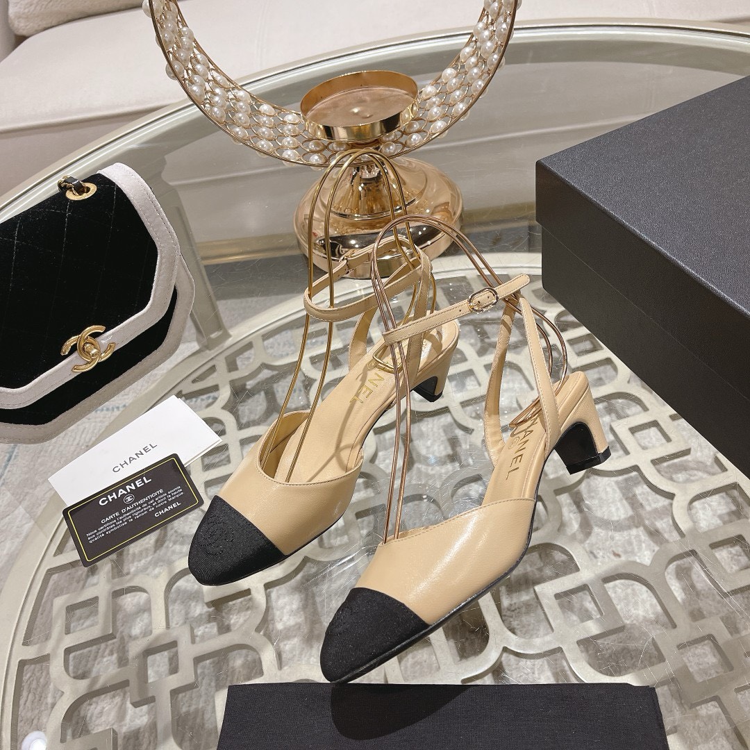 Bagsaaa Ch**el Slingback Heeled Sandals Pointed Beige