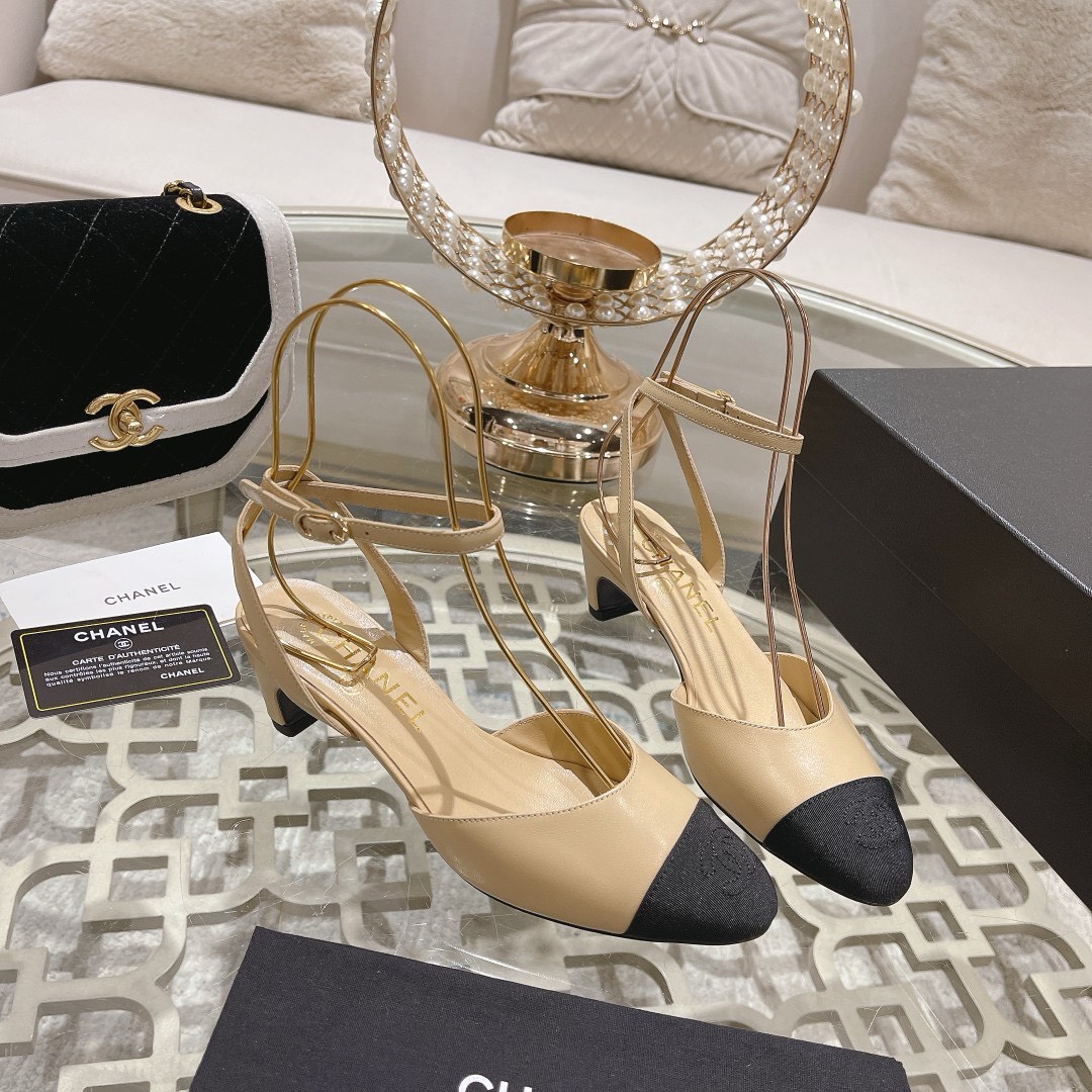Bagsaaa Ch**el Slingback Heeled Sandals Pointed Beige