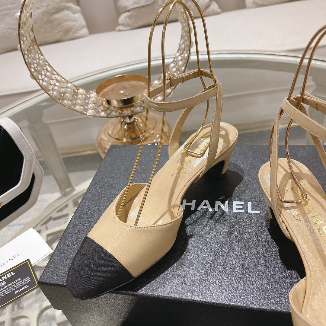Bagsaaa Ch**el Slingback Heeled Sandals Pointed Beige