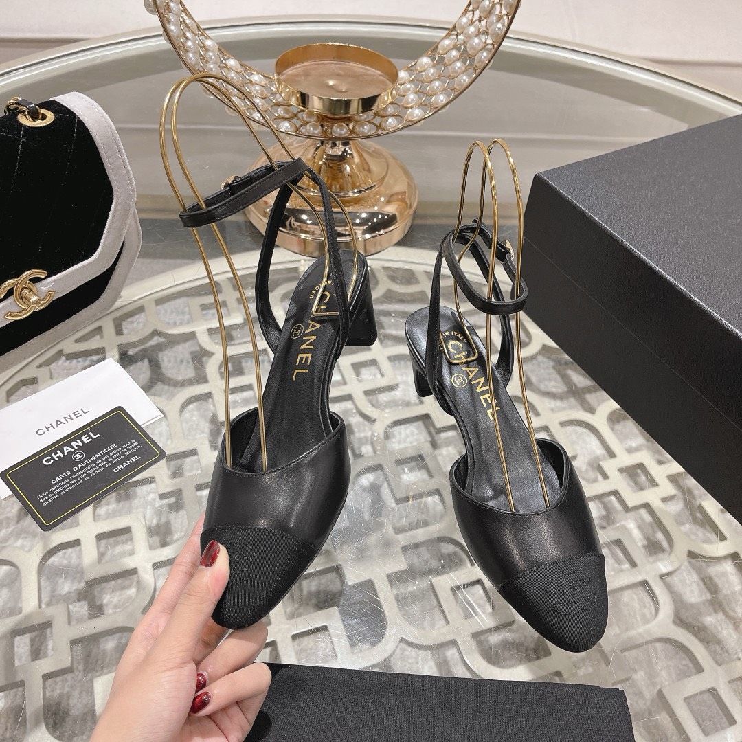 Bagsaaa Ch**el Slingback Heeled Sandals Pointed Black