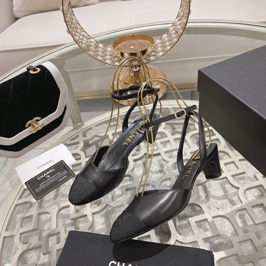 Bagsaaa Ch**el Slingback Heeled Sandals Pointed Black