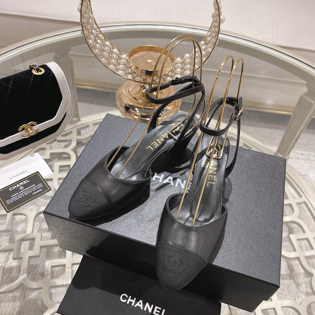 Bagsaaa Ch**el Slingback Heeled Sandals Pointed Black