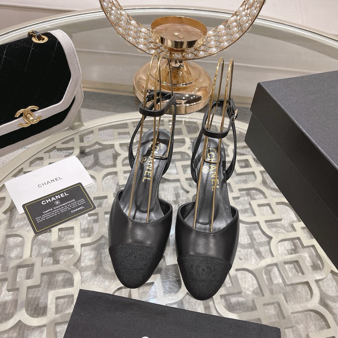Bagsaaa Ch**el Slingback Heeled Sandals Pointed Black