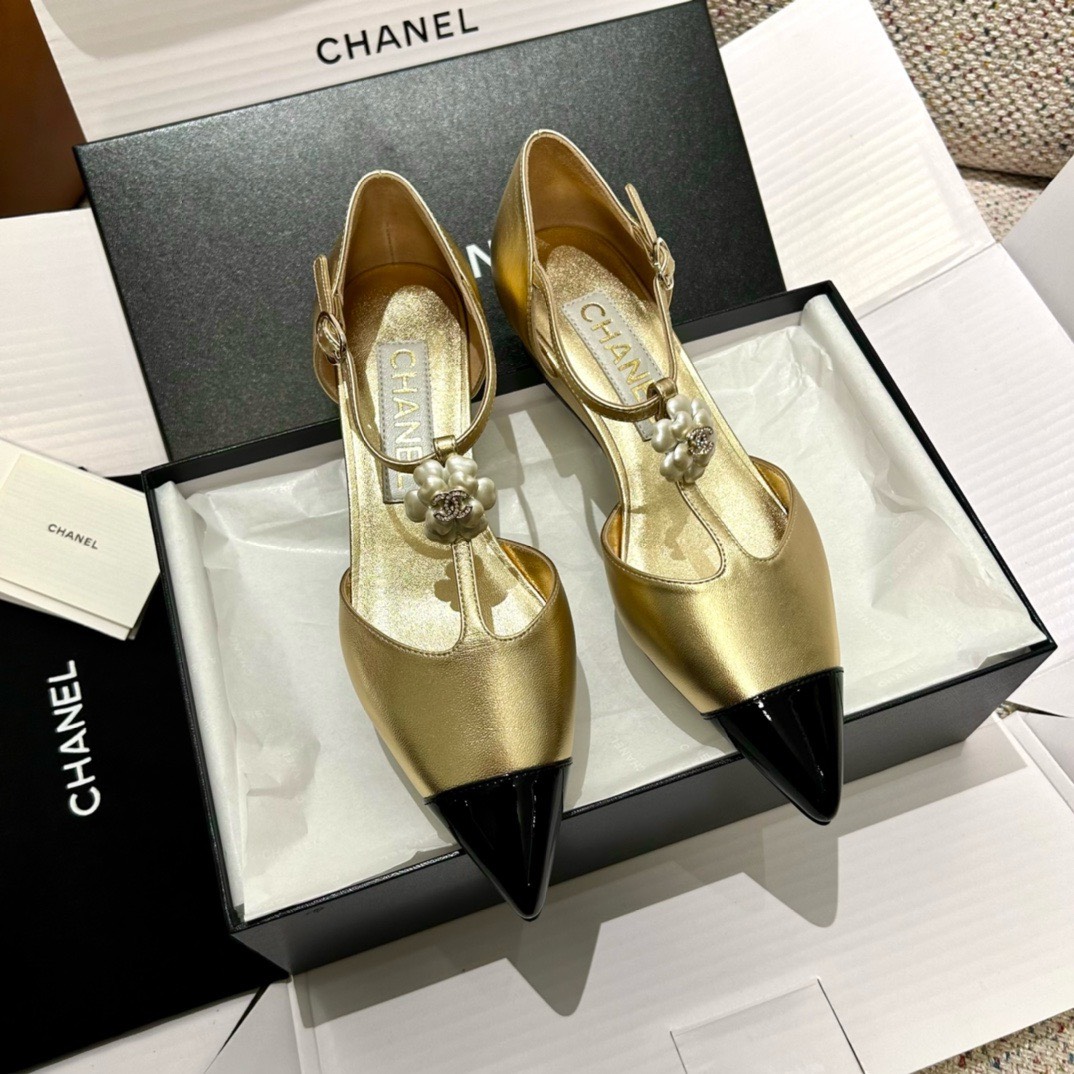 Bagsaaa Ch**el Slingback Heeled Sandals Pointed Gold