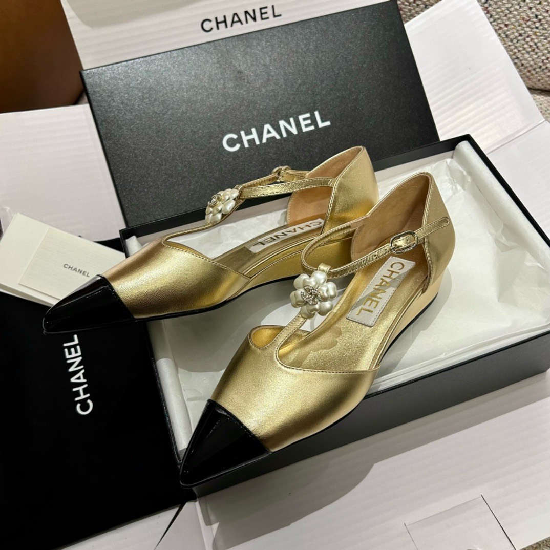 Bagsaaa Ch**el Slingback Heeled Sandals Pointed Gold