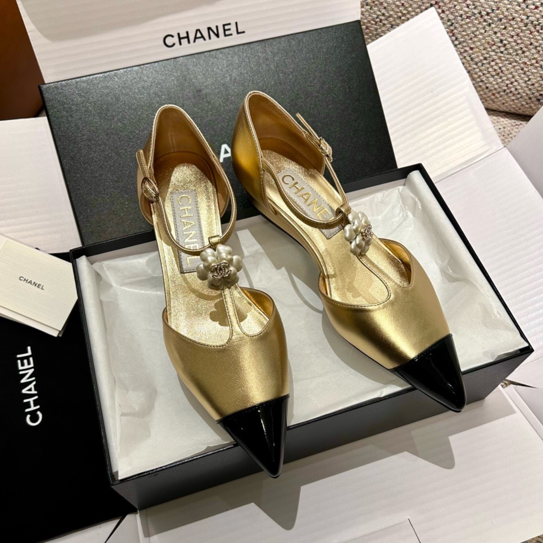 Bagsaaa Ch**el Slingback Heeled Sandals Pointed Gold