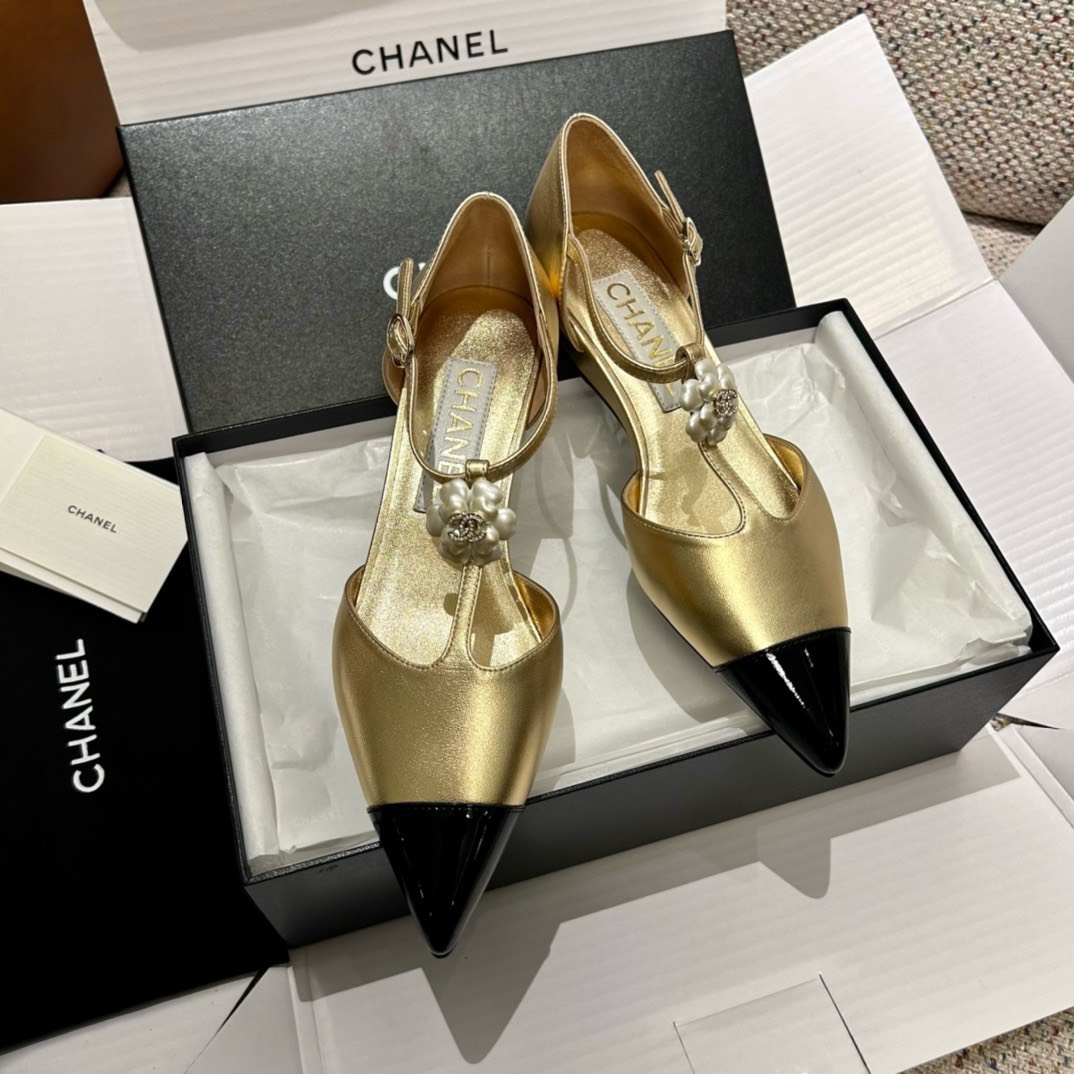 Bagsaaa Ch**el Slingback Heeled Sandals Pointed Gold