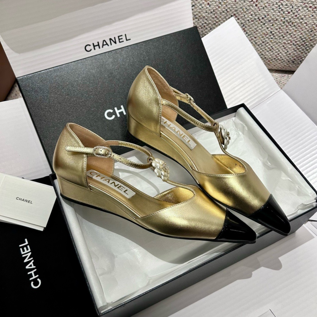 Bagsaaa Ch**el Slingback Heeled Sandals Pointed Gold