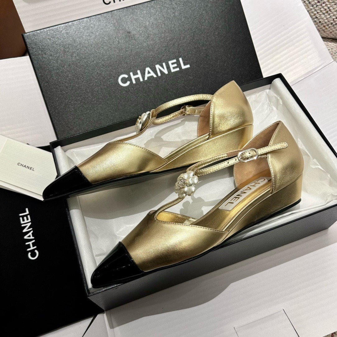 Bagsaaa Ch**el Slingback Heeled Sandals Pointed Gold