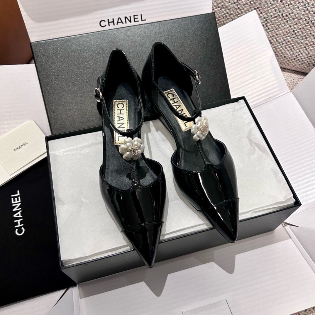 Bagsaaa Ch**el Slingback Heeled Sandals Pointed Black Patent