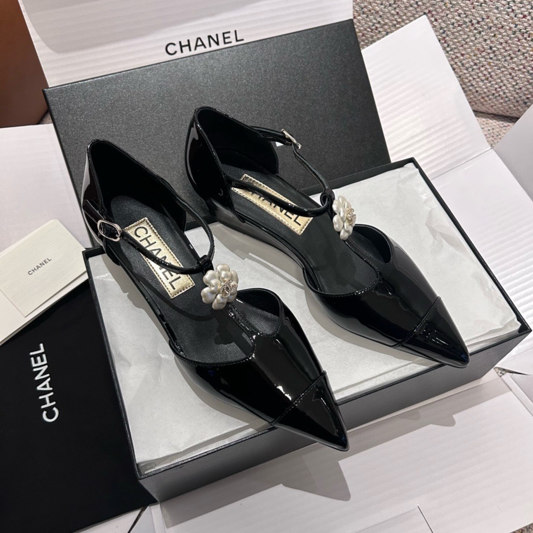 Bagsaaa Ch**el Slingback Heeled Sandals Pointed Black Patent