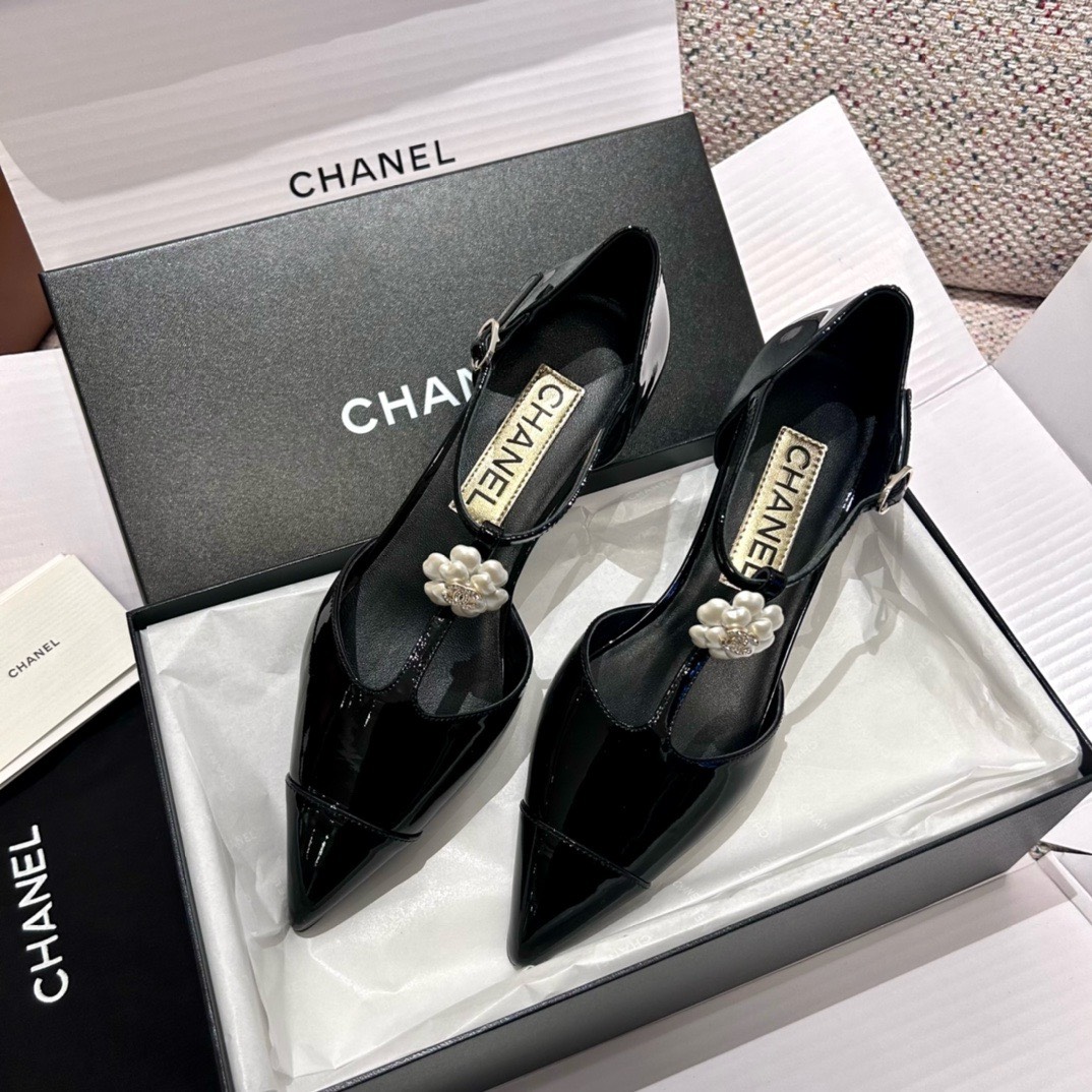 Bagsaaa Ch**el Slingback Heeled Sandals Pointed Black Patent