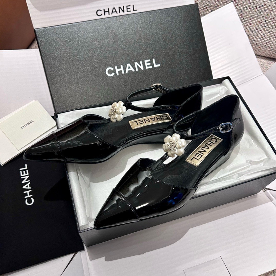 Bagsaaa Ch**el Slingback Heeled Sandals Pointed Black Patent