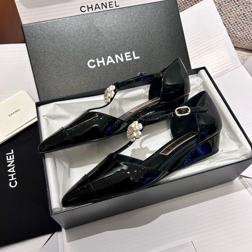 Bagsaaa Ch**el Slingback Heeled Sandals Pointed Black Patent