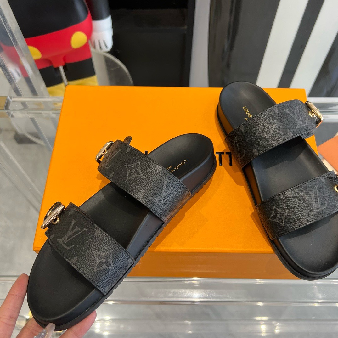 Bagsaaa L0vis Vvtt0n Rubber Sole Slides Black Monogram