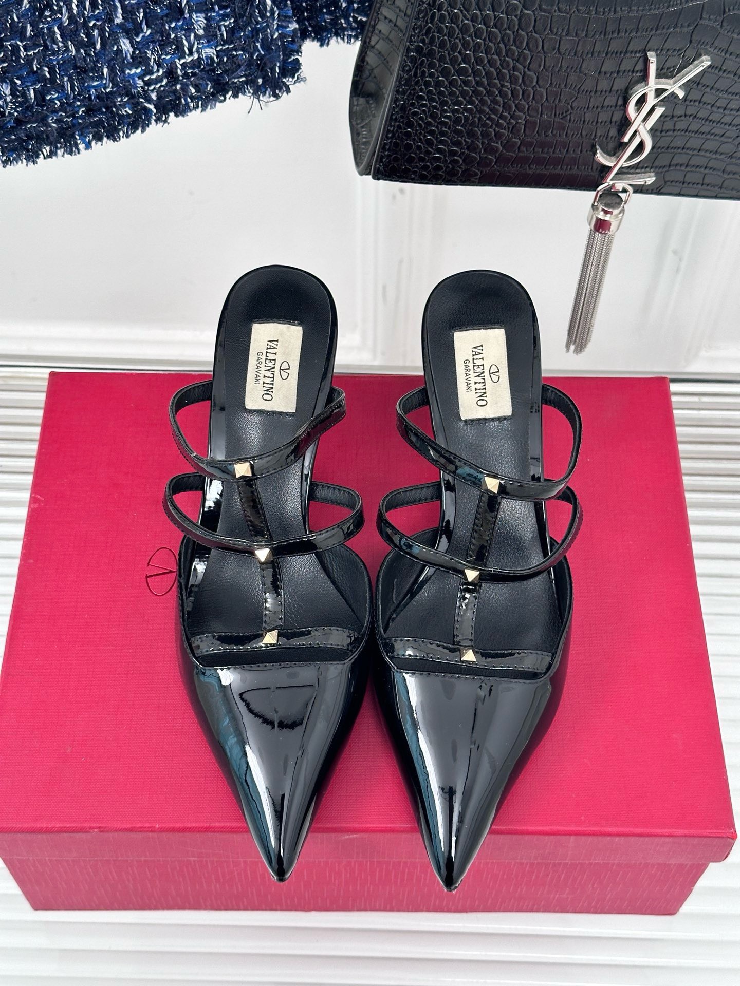 Bagsaaa Va1e*ntin0 Rockstud Slingback Black Patent Leather
