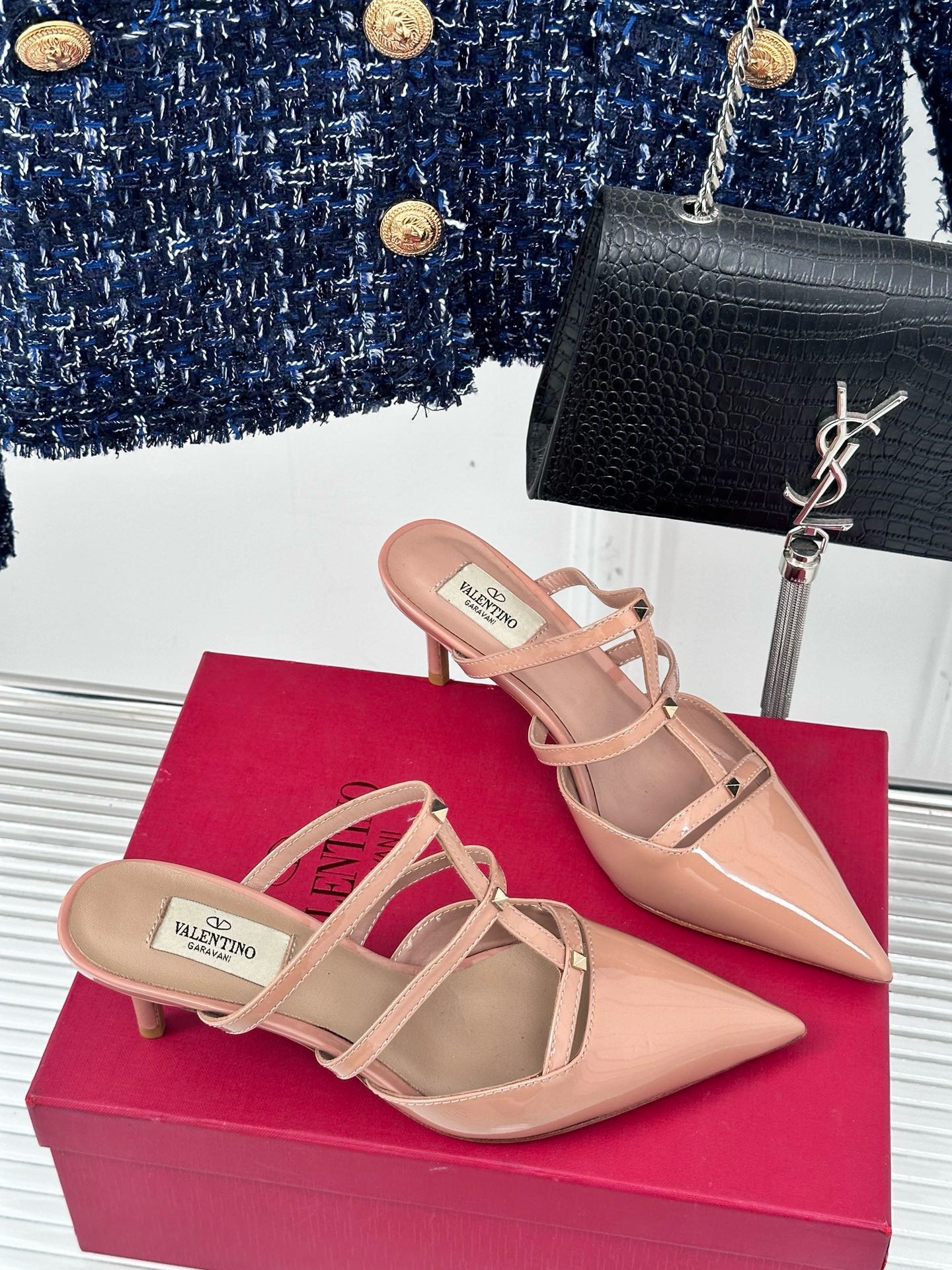 Bagsaaa Va1e*ntin0 Rockstud Slingback Beige Patent Leather