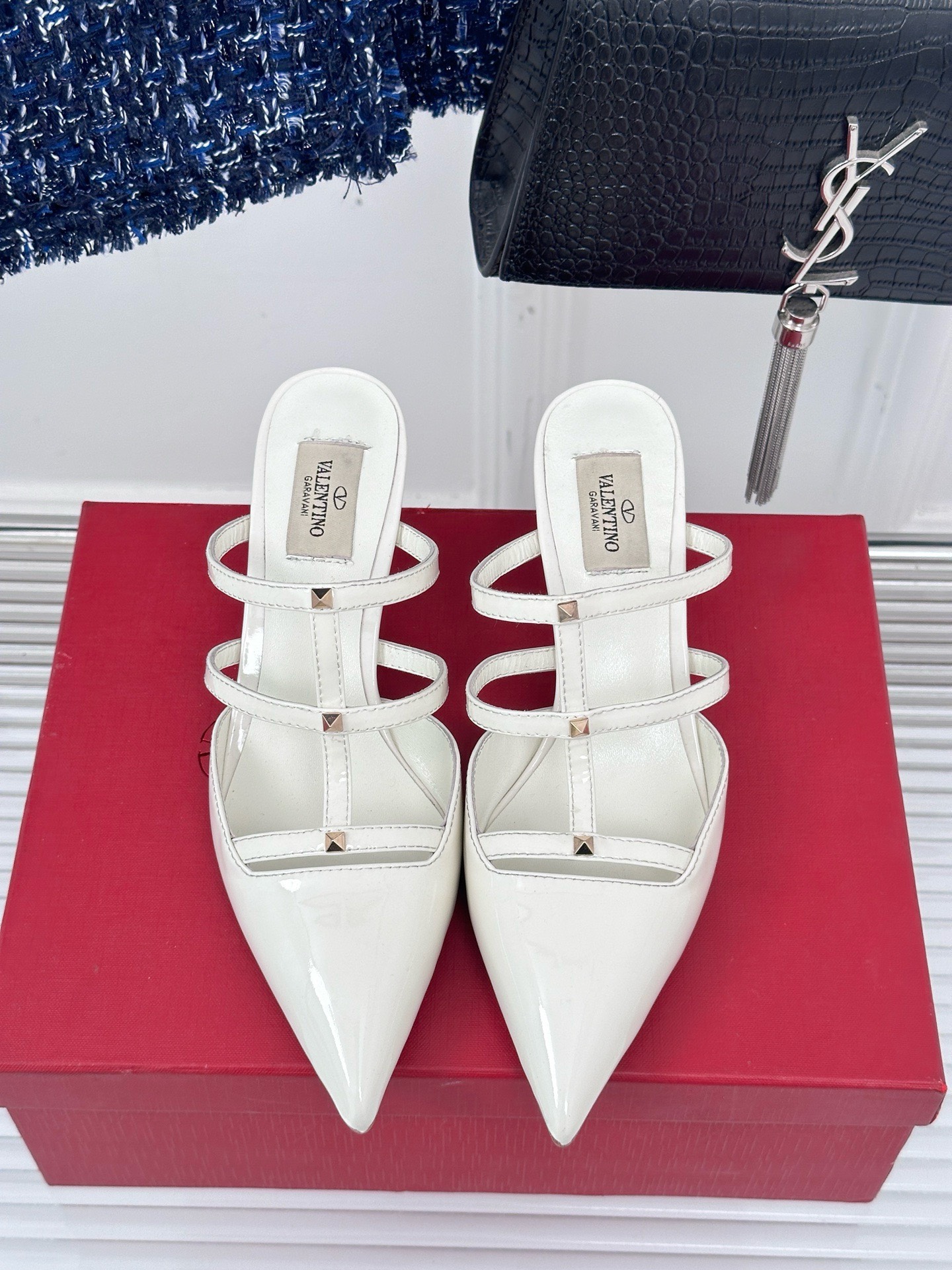 Bagsaaa Va1e*ntin0 Rockstud Slingback White Patent Leather