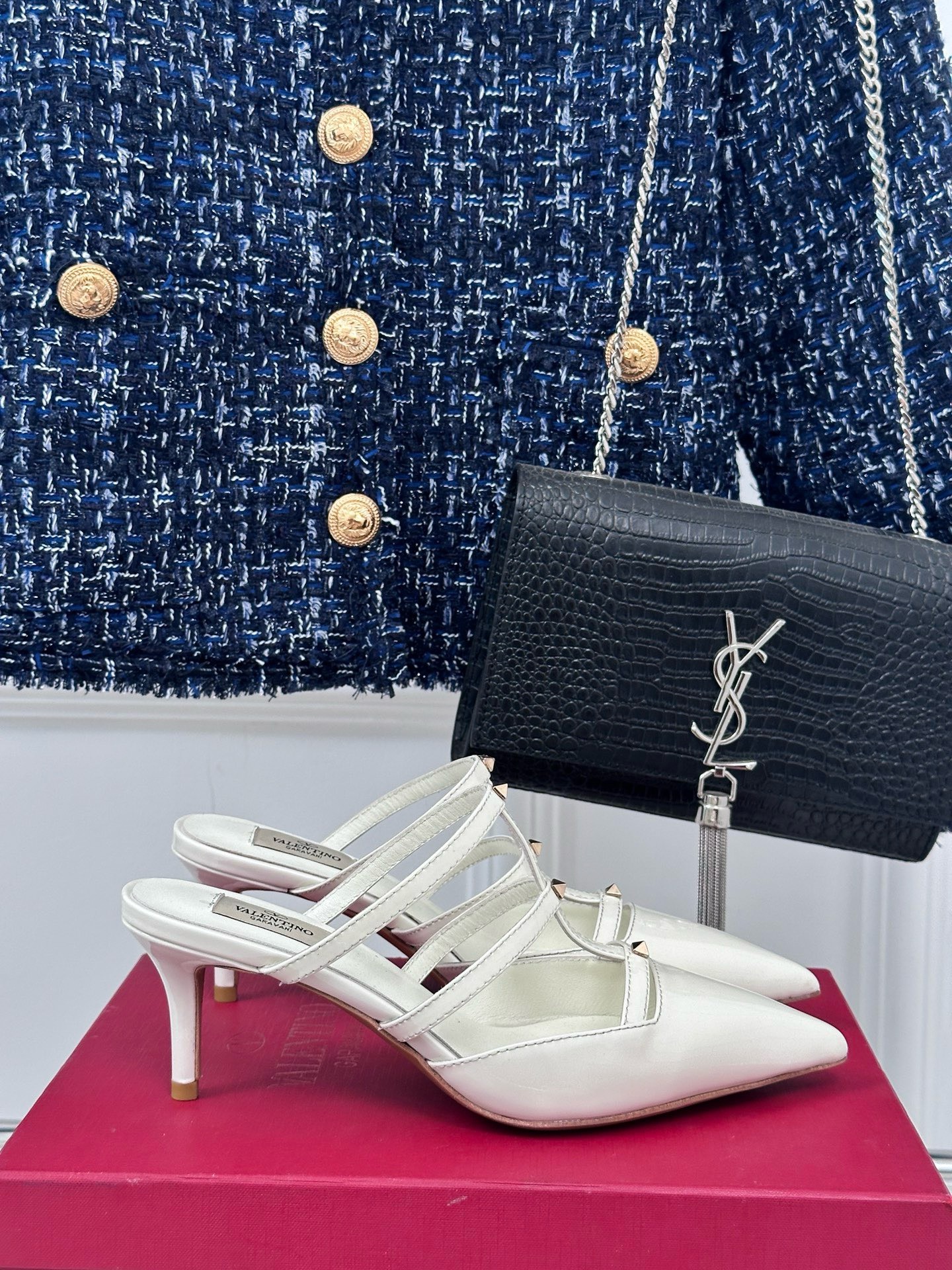 Bagsaaa Va1e*ntin0 Rockstud Slingback White Patent Leather