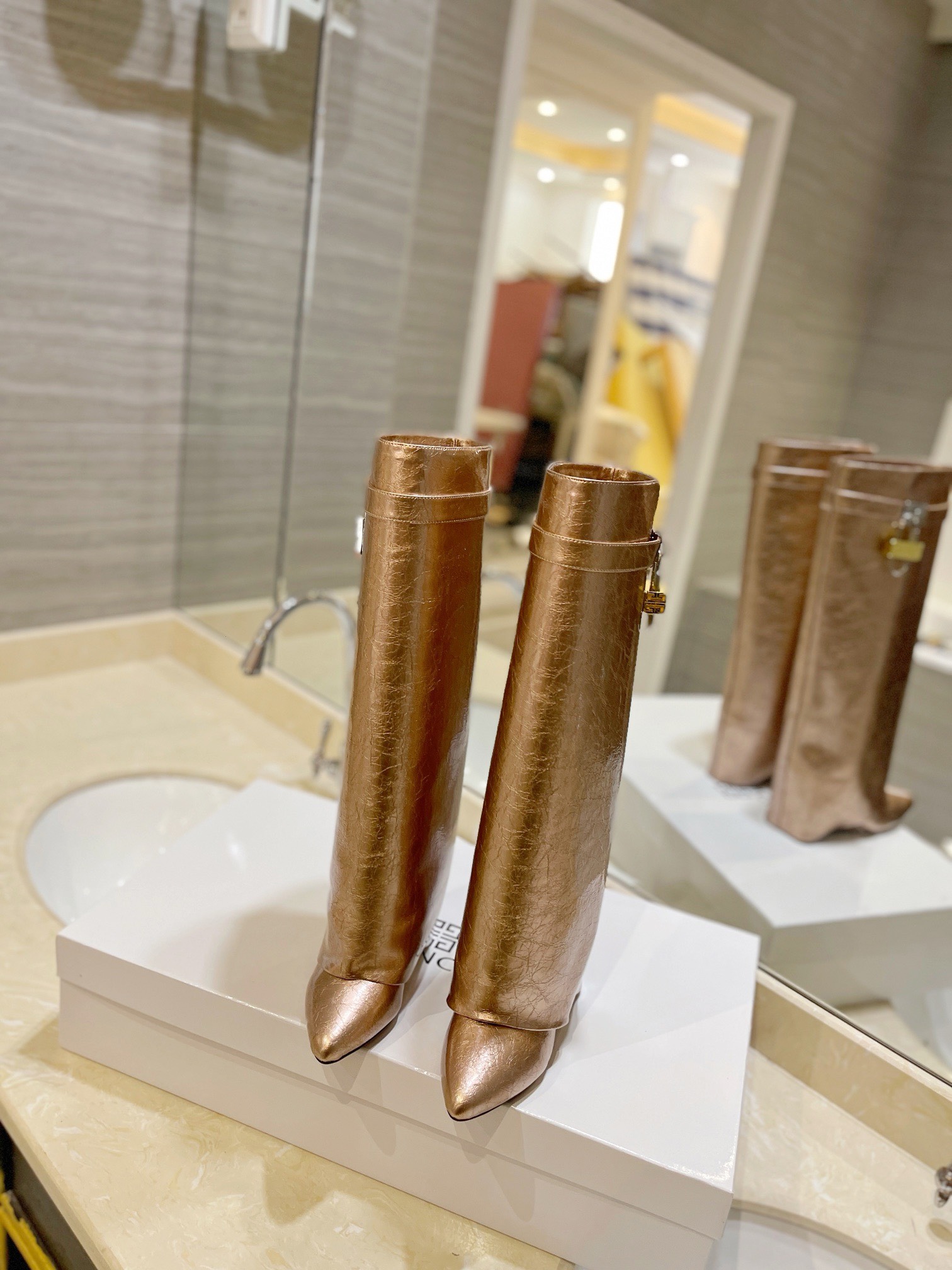 Givenchy Shark Lock Ankle Long Boots in laminated leather gold