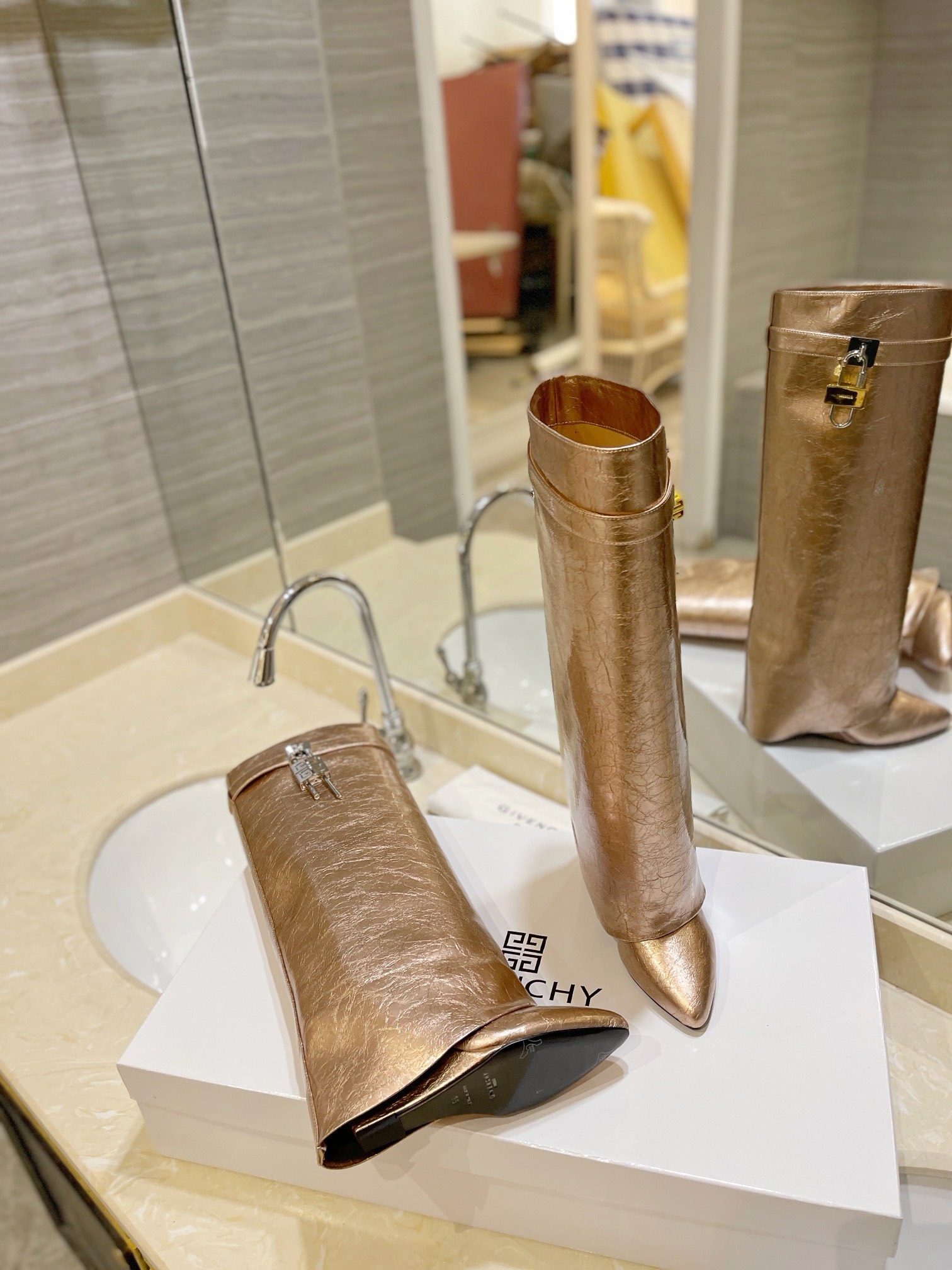 Givenchy Shark Lock Ankle Long Boots in laminated leather gold