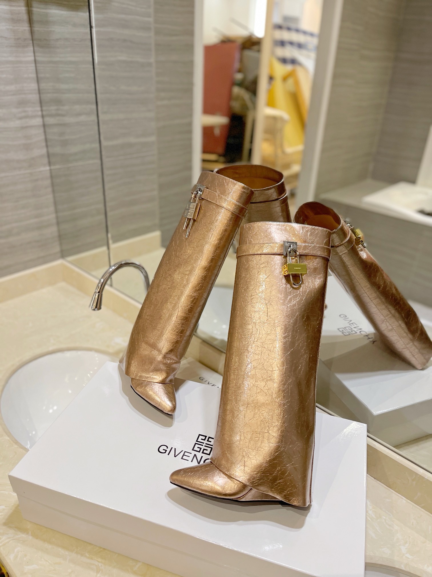 Givenchy Shark Lock Ankle Long Boots in laminated leather gold