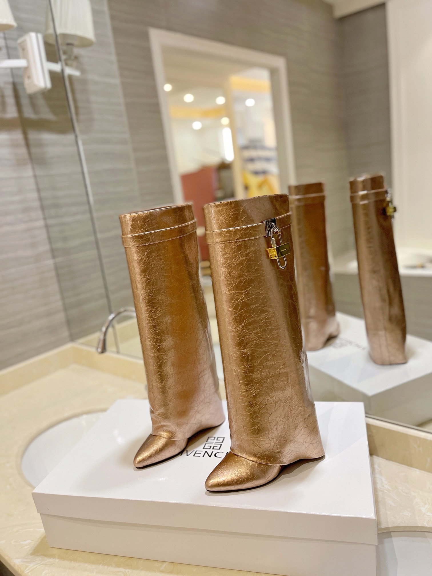 Givenchy Shark Lock Ankle Long Boots in laminated leather gold