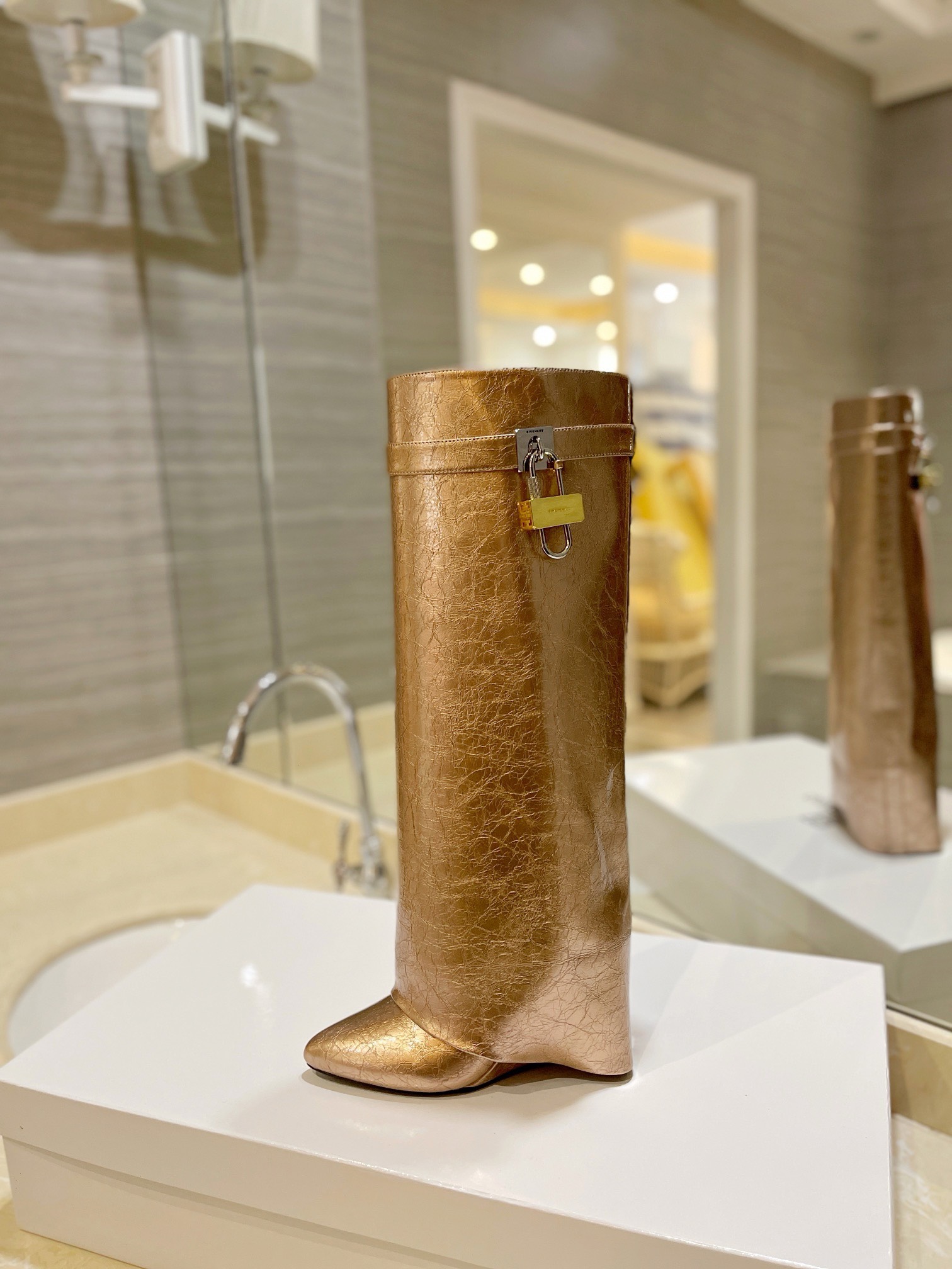 Givenchy Shark Lock Ankle Long Boots in laminated leather gold