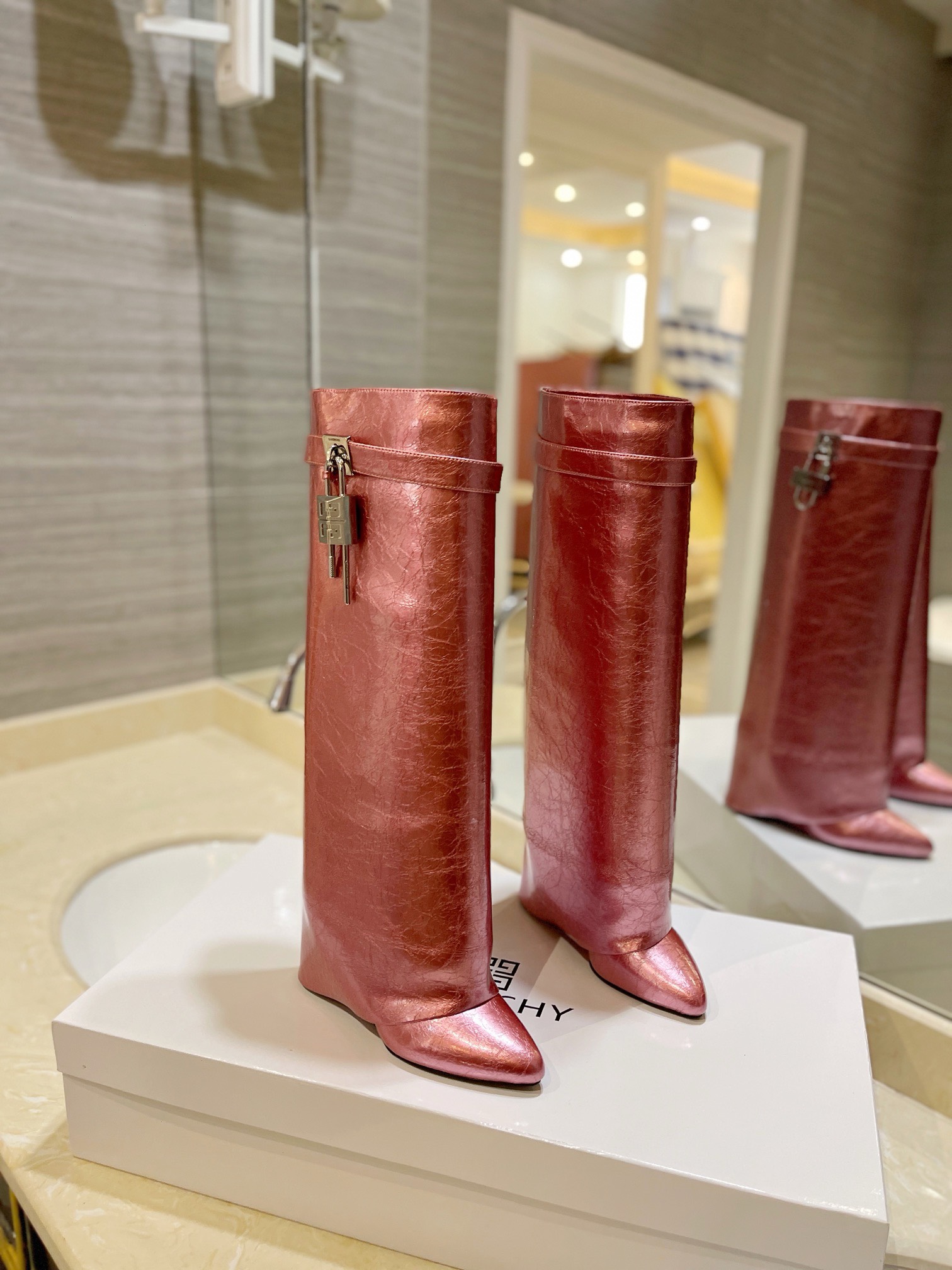 Givenchy Shark Lock Ankle Long Boots in laminated leather pink