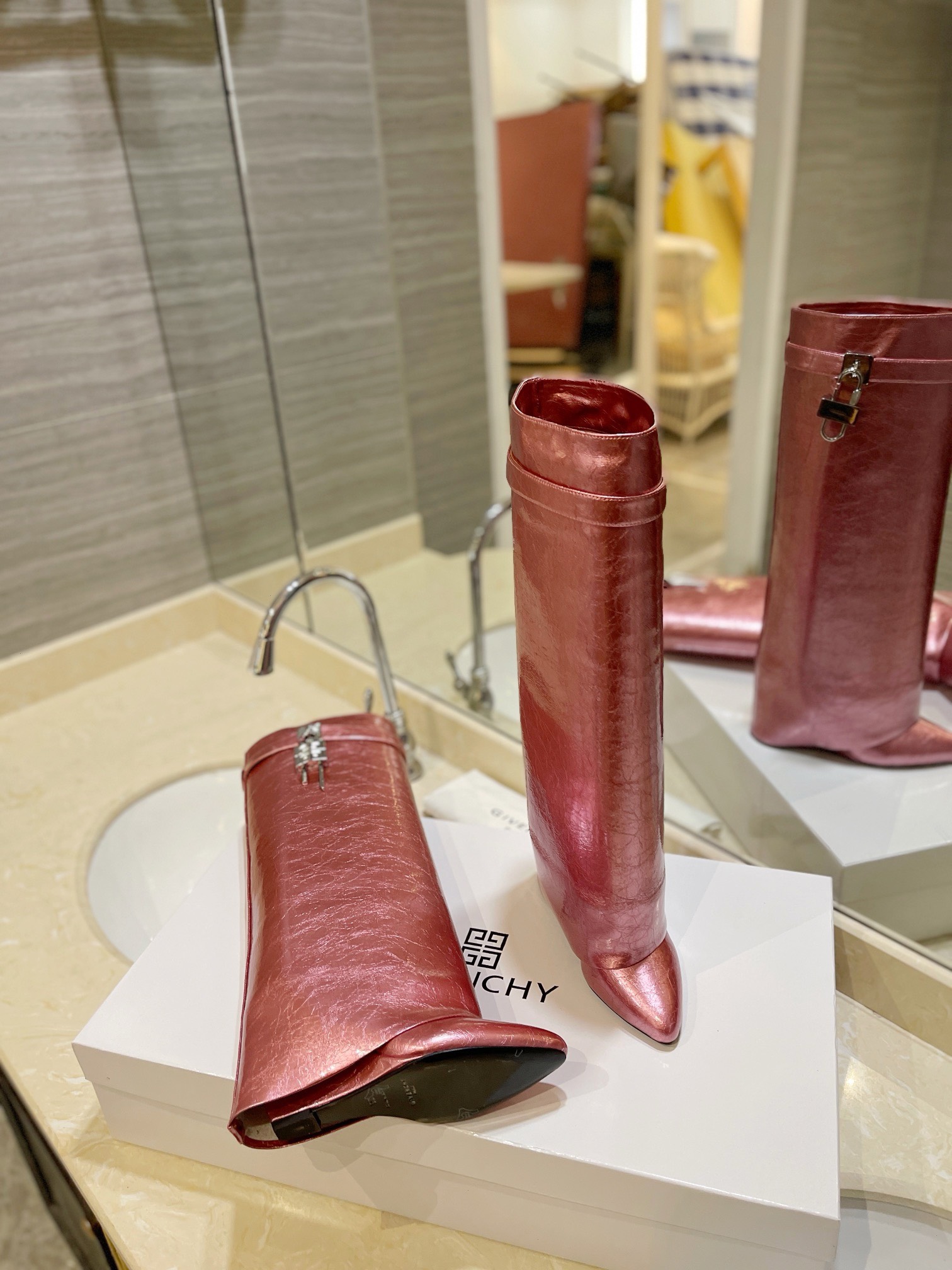 Givenchy Shark Lock Ankle Long Boots in laminated leather pink